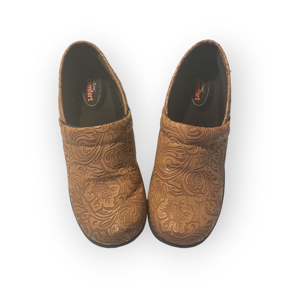 Safetstep Safe T Step Brown Tooled Floral Slip Resistant Nursing Clog Shoe Sz 7